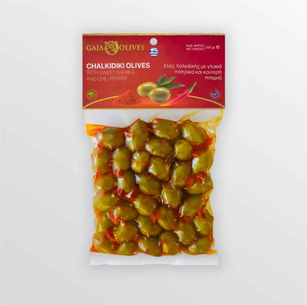 GAIA grüne Chalkidiki Oliven mariniert mit Paprika und Chilli - vakuumverpackt 250 g