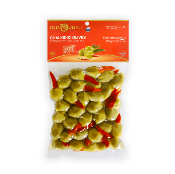Produktbild Gaia gruene Chalkidiki-Oliven gefuellt piri piri vakuum 250g