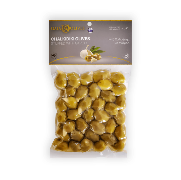 GAIA grüne gefüllte Chalkidiki Oliven - Knoblauch - vakuumverpackt 250 g